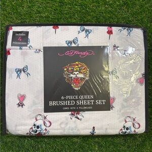 Ed Hardy Queen Sheet Set - White with Pink and Blue Accents